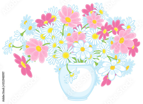 Colorful summer bouquet of beautiful garden flowers in a white vase, vector cartoon illustration isolated on a white background