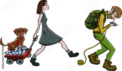 Cartoon family camping. People carry camping equipment.