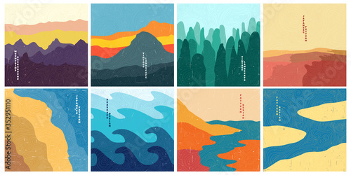 Vector illustration landscape. Wood surface texture. Japanese wave pattern. Mountain background. Asian style. Sunset scene. Design for social media wallpaper, blog post template, card, poster