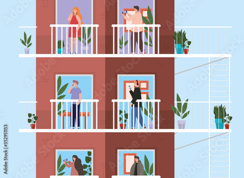 People with smartphone at windows balconies of brown building vector design