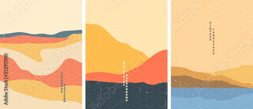 Vector illustration landscape. Japanese wave pattern. Mountain background. Asian style. Sunset scene. Sea backdrop. Design for poster, book cover, web template, brochure. Old paper with scratches