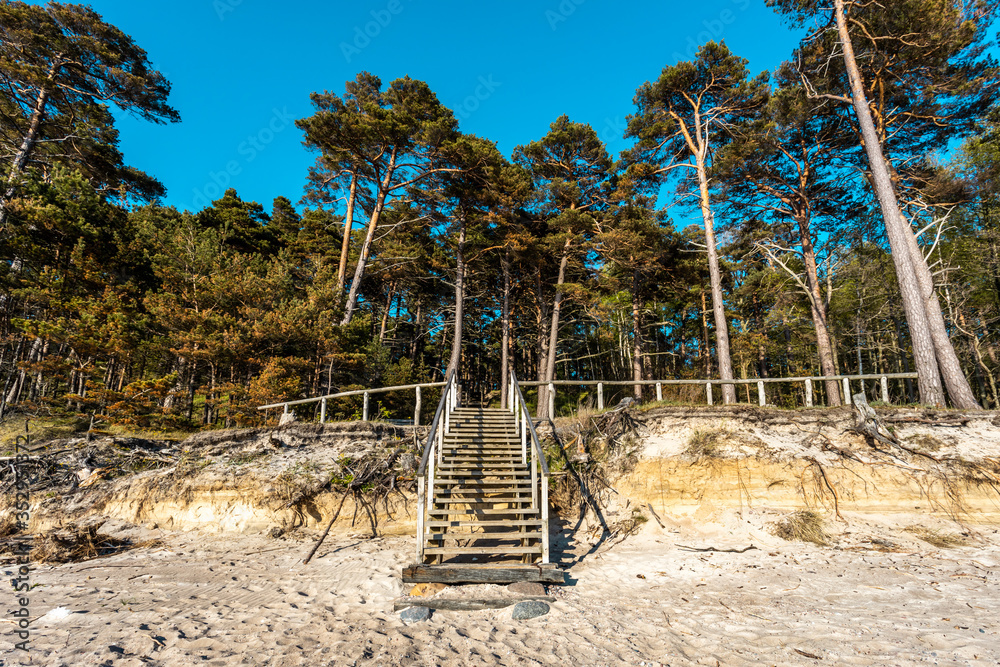 Wooden stairs the beach of Baltic sea t near place called "Duch ma cap" , Klaipeda/Lithuania - obrazy, fototapety, plakaty 