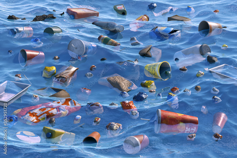Ocean, sea water environmental pollution background. Bottles, plastic bags,  cups garbage in the sea water. Save the planet, global environment pollution,  plastic trash, rubbish 3D concept illustration Stock Illustration | Adobe  Stock