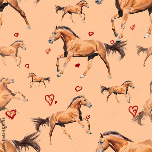 Seamless pattern photo red horse with hearts on beige background creative illustration.