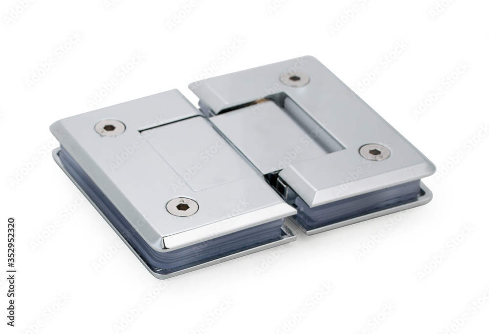 Chrome door hinge for glass door in bathroom, shower enclosure, showcase, glass fitting isolated on a white, closeup. Chrome door hinge for glass door in bathroom, shower enclosure, showcase, glass fitting isolated on a white, closeup.