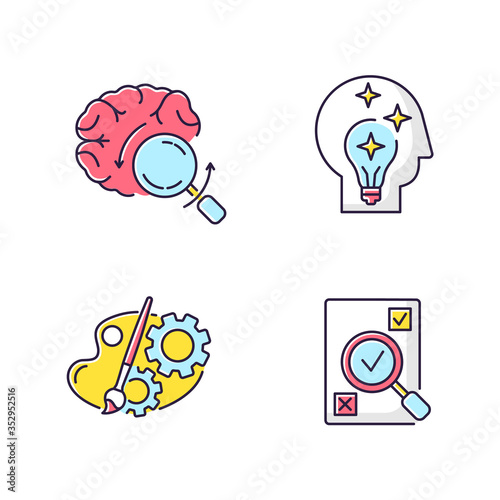 Logical mind RGB color icons set. Brainstorming for project. Idea generation. Analytical mindset. Fresh insight. Creative process. Evaluation and assessment of task. Isolated vector illustrations