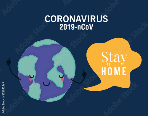 Coronavirus 2019 nCov stay at home and kawaii world cartoon vector design