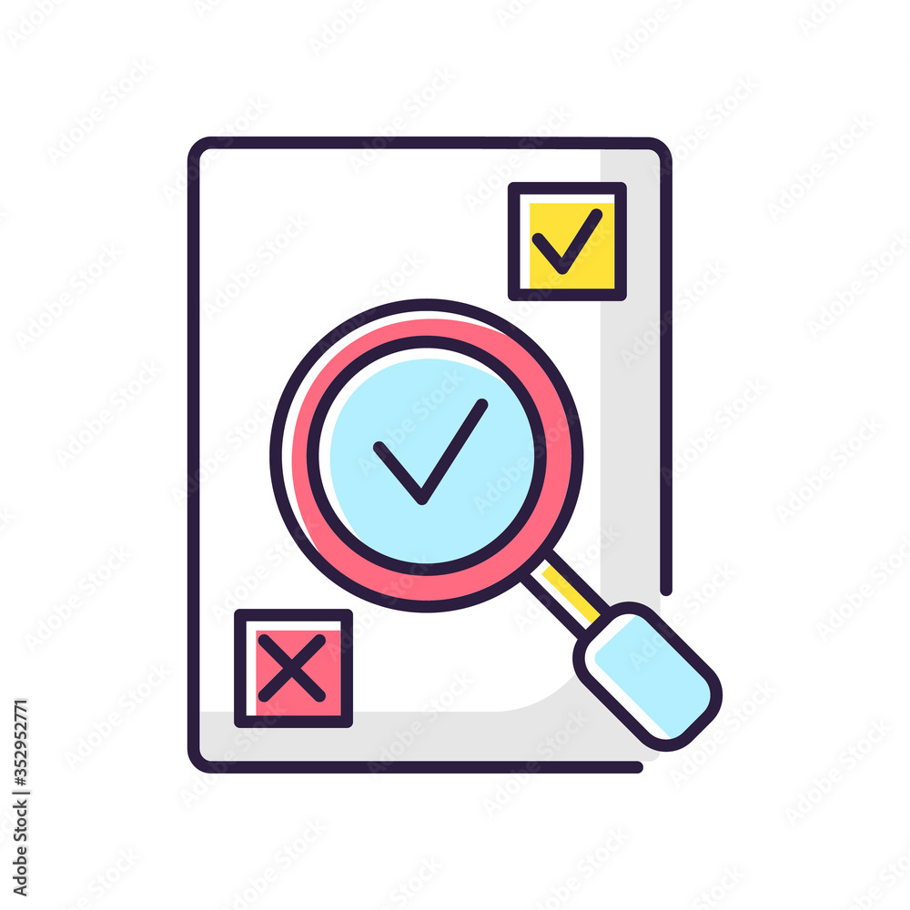 Evaluation RGB color icon. Assessment of research. Check of data statistic. Find information in report. Inspect exam paper. Administrative work. Quality measurement. Isolated vector illustration Evaluation RGB color icon. Assessment of research. Check of data statistic. Find information in report. Inspect exam paper. Administrative work. Quality measurement. Isolated vector illustration