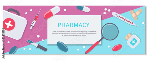 Pharmacy background, pharmacy design, pharmacy templates. Medicine, pharmacy, hospital set of drugs with labels. Medication, pharmaceutics concept. Different medical