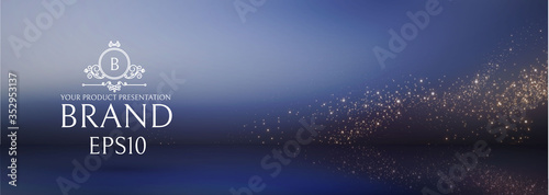 Magic empty scene with gold glitter lights. Abstract blur background.