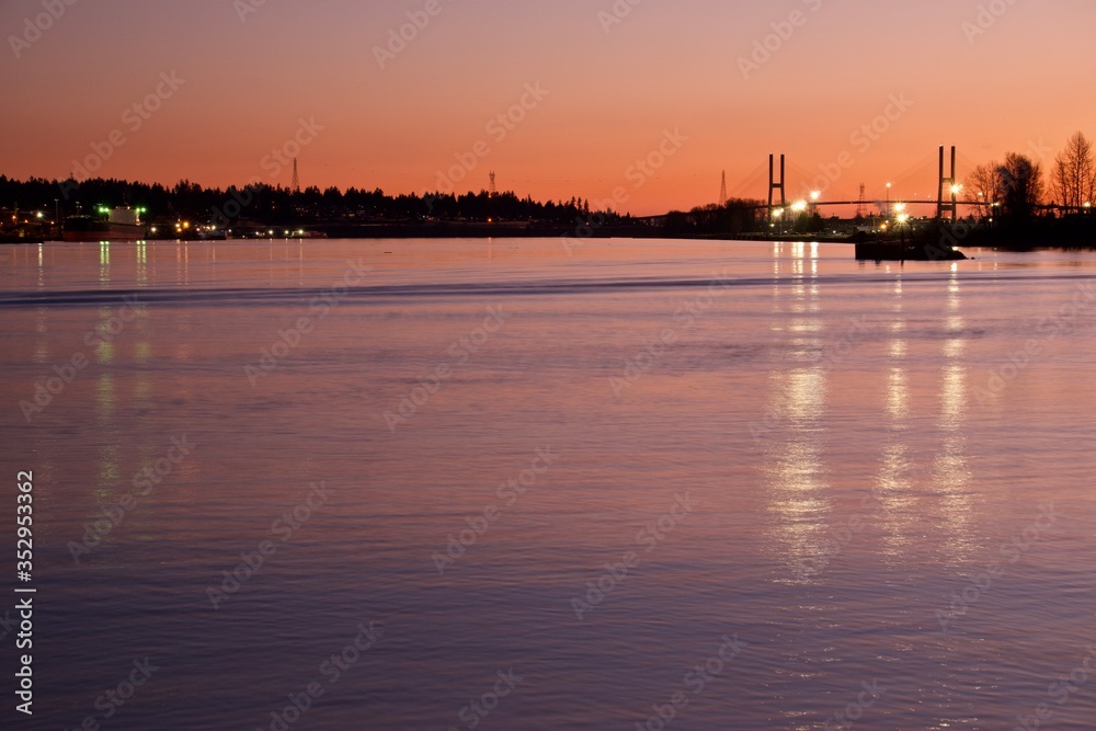 sunset over the river, dawn, bridge, sunset, landscape, Fraser river, sunrise, New Westminster, British Columbia, Canada, lights, Quay, quayside, river, water, 