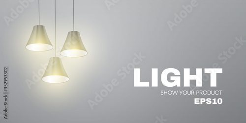 Shining lamps. Minimal showcase and empry scene with light.