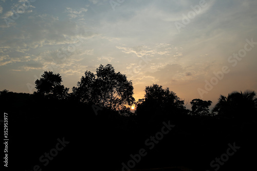 Beautiful sunset with sun  trees and colorful clouds