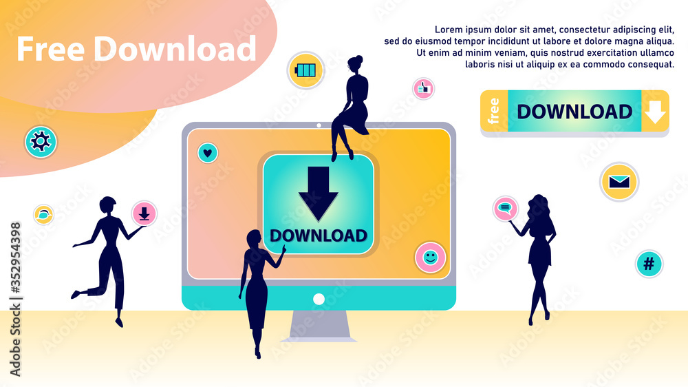 Free Download Concept. Characters Silhouettes Around of Huge Computer Transfering and Sharing Files, Using Torrent Servers Services. Online Media Shopping, People Lifestyle. Flat Vector Illustration