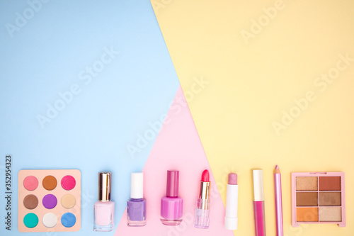 Fashion and trendy make up products in pastel colors 
