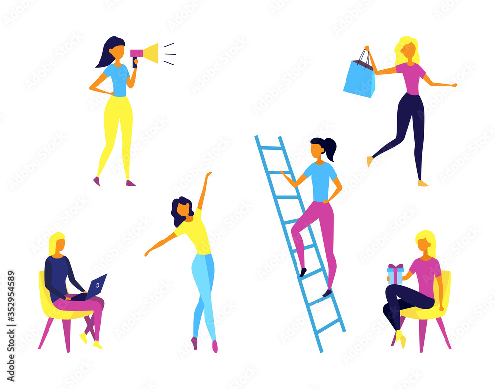 Fototapeta Concept Of Self Employed People. Female Characters Do Shopping, Give Presents, Work And Having Fun. Set Of Girls In Different Situations And Period Of Time. Cartoon Flat Style. Vector Illustration