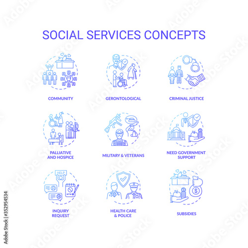 Social services concept icons set. Criminal justice. People medical and financial support organizations idea thin line RGB color illustrations. Vector isolated outline drawings