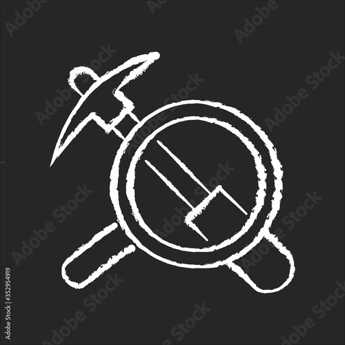 Geology chalk white icon on black background. Earth science, natural discipline. Study of environment and soil structure. Geological work tools Isolated vector chalkboard illustration