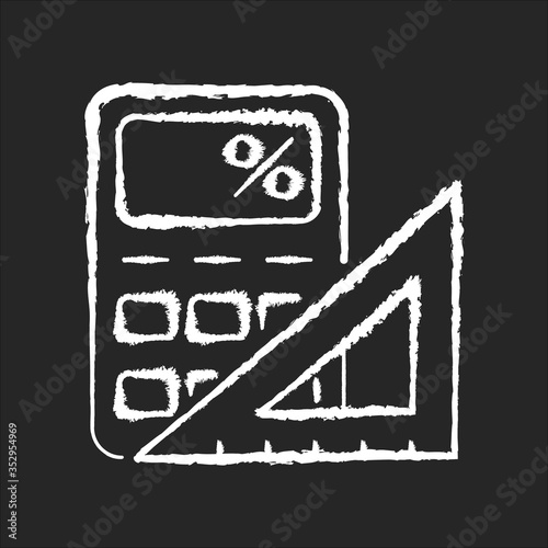 Mathematics chalk white icon on black background. Formal science. School subject, scientific discipline. Algebra, geometry. Calculator and ruler Isolated vector chalkboard illustration