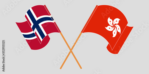 Crossed and waving flags of Hong Kong and Norway