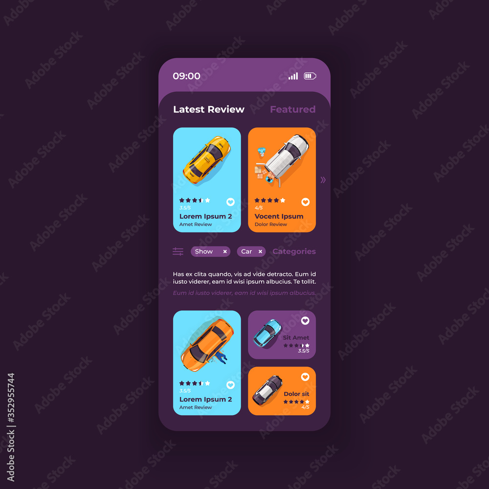 Auto reviews smartphone interface vector template. Transport news mobile app page dark design layout. Different Car services on screen. Flat UI for application. Categories and ratings on phone display Auto reviews smartphone interface vector template. Transport news mobile app page dark design layout. Different Car services on screen. Flat UI for application. Categories and ratings on phone display