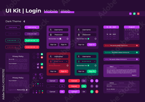 Login UI elements kit. Registration form. System authorization isolated vector icon, bar and dashboard template. Web design widget collection for mobile application with dark theme interface
