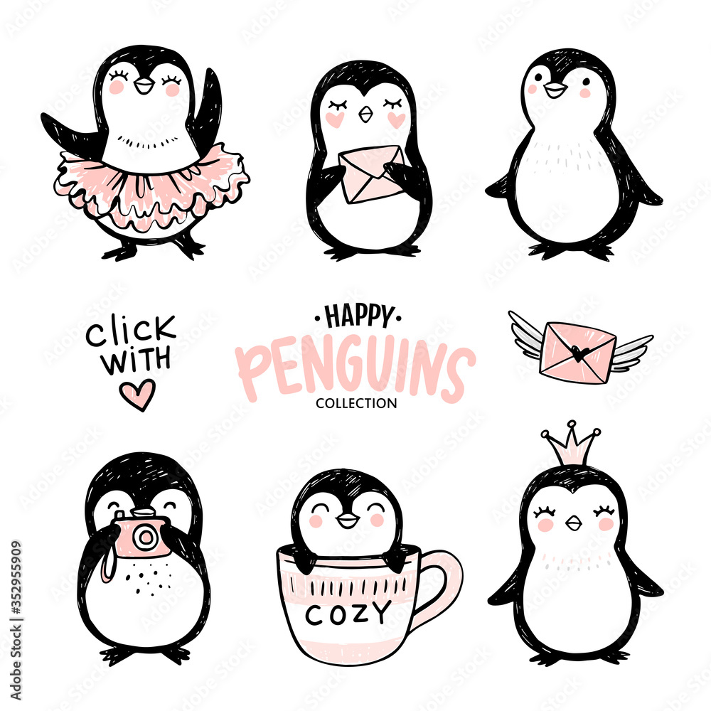 Fototapeta premium Doodle penguins, hand drawn set of funny animals. Vector Penguin character in sketch style.