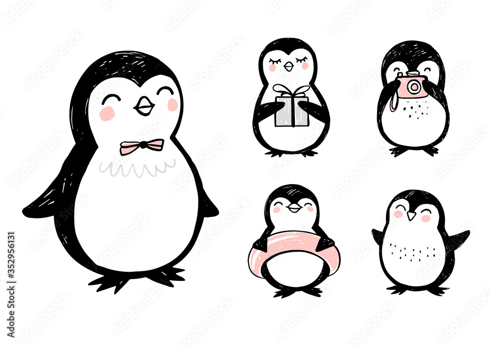 Fototapeta premium Doodle penguins, hand drawn set of funny animals. Vector Penguin character in sketch style.