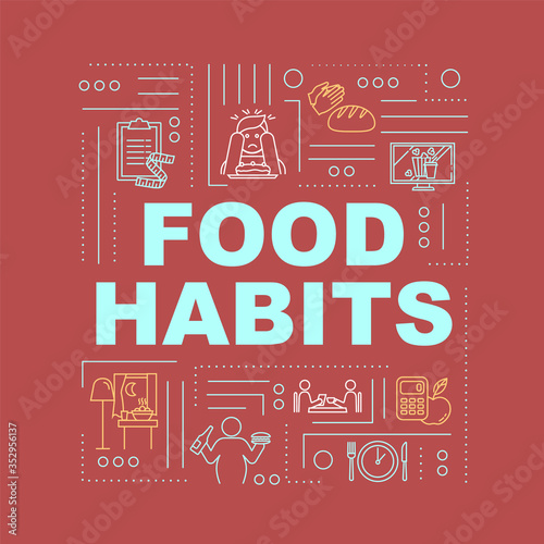 Bad and healthy food habits word concepts banner. Nutrition, diet and overeating. Infographics with linear icons on red background. Isolated typography. Vector outline RGB color illustration