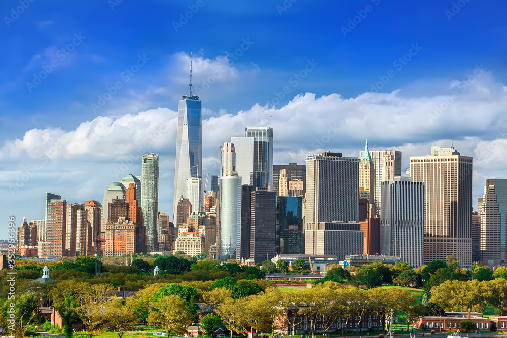 New York City panorama from the bay with Governors island and Manhattan Skyline 