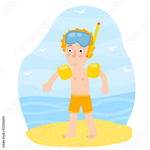 Boy in inflatable armbands learns to swim. Red hair Child plays on beach. Mask for underwater diving. Summer holiday or vacation at sea. Cartoon flat illustration