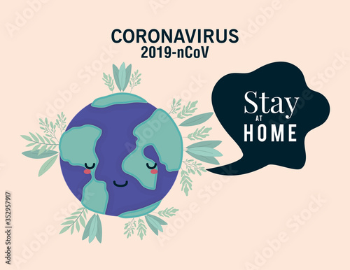 Coronavirus 2019 nCov stay at home and kawaii world cartoon vector design