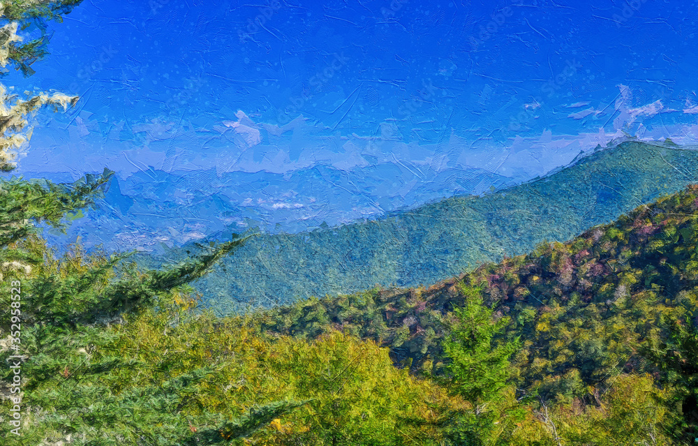 Impressionistic Style Artwork of Autumn in the Appalachian Mountains Viewed Along the Blue Ridge Parkway