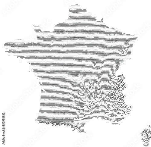 Simple abstract map of France showing elevation as stacked lines.