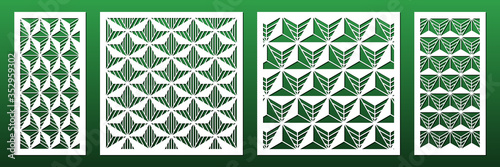 Set of laser cut panels with abstract geometric pattern. For home interior design elements, screens and room dividers. Metal or glass cutting, wood carving, wall art, fretwork. Vector templates.