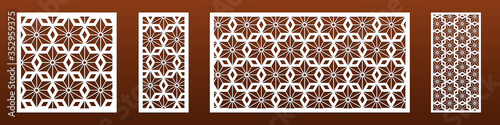 Laser cut panels with modern abstract geometric pattern. For interior home design, room dividers, privacy screen, wall art. Cnc cutting files, metal, glass or wood decoration. Vector illustration.