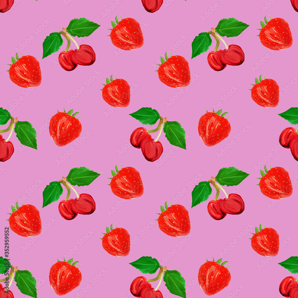 gouache seamless pattern with fruits and berries cherry and strawberry on a pink background, vegetarian pattern for diet, healthy eating. Use as restaurant menu, packaging, product design,textile gouache seamless pattern with fruits and berries cherry and strawberry on a pink background, vegetarian pattern for diet, healthy eating. Use as restaurant menu, packaging, product design,textile