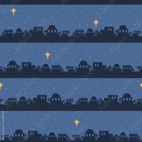 Slika na platnu Vector Blue Bethlehem Skyline Silhouette Seamless Pattern Background
