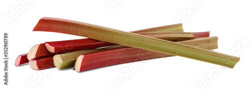 Bundle of thick reddish stalks of rhubarb (rheum rhaponticum) without leaves isolated on white background. Cultivated plant, which eaten as a fruit after cooking. photo