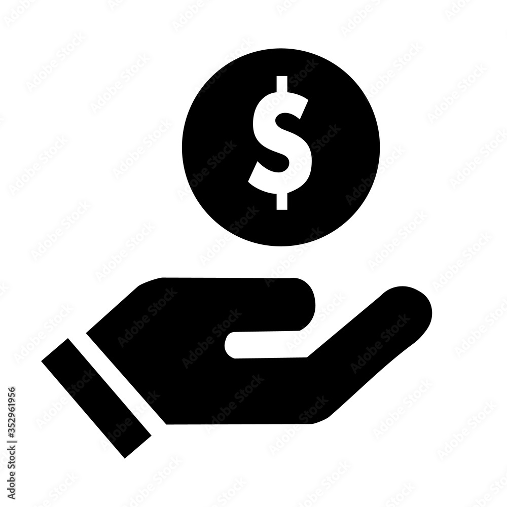 Hand with dollar solid icon. Palm holding coin symbol, glyph style pictogram on white background. Money sign for mobile concept and web design. Vector graphics Hand with dollar solid icon. Palm holding coin symbol, glyph style pictogram on white background. Money sign for mobile concept and web design. Vector graphics