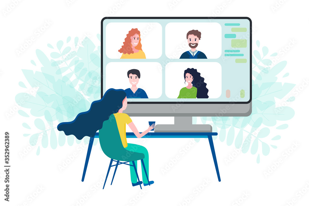 Woman having online meeting with friends or clients via group call on big screen of computer. Video conference at home concept. Video call communication. Woman having online meeting with friends or clients via group call on big screen of computer. Video conference at home concept. Video call communication.