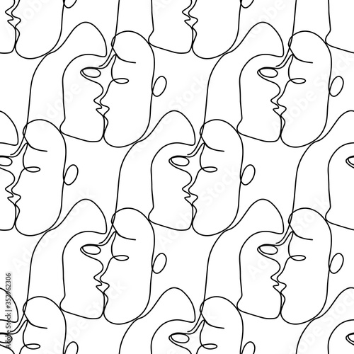 Vector seamless pattern illustration with abstract kissing faces in line art style on white
