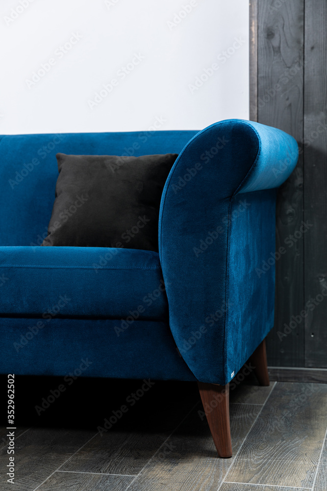 Blue Sofa in the room with white walls.