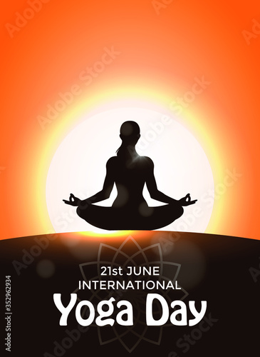 International Yoga Day vector illustration, sunrise background. Yoga Day on 21st June. 