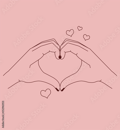 Woman making a heart gesture with her fingers over a pink background with floating hearts for love, line drawn vector illustration card design