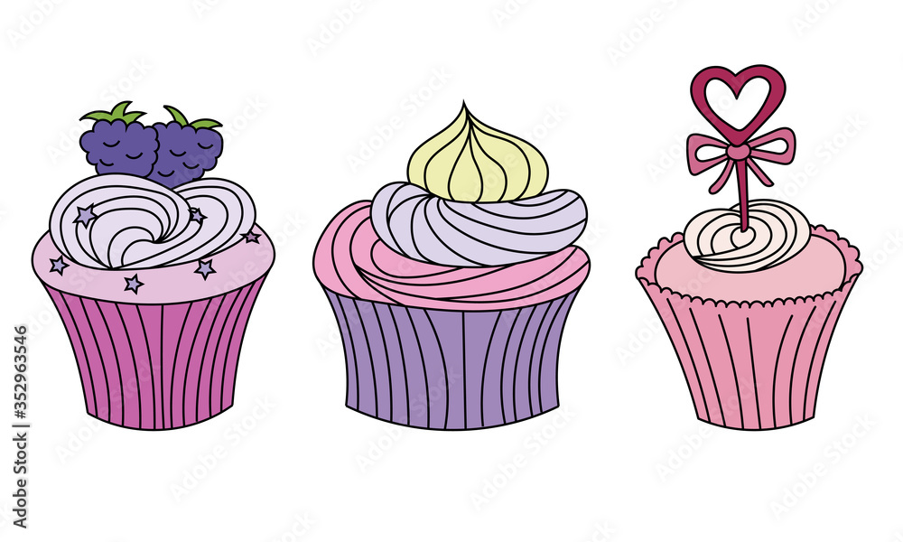 Set of hand drawn cupcakes with different decoration