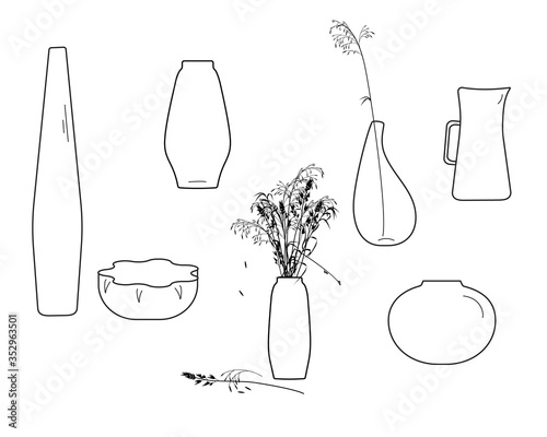 Vases of different shapes on a white background, linear vector set with a bouquet of meadow herbs.