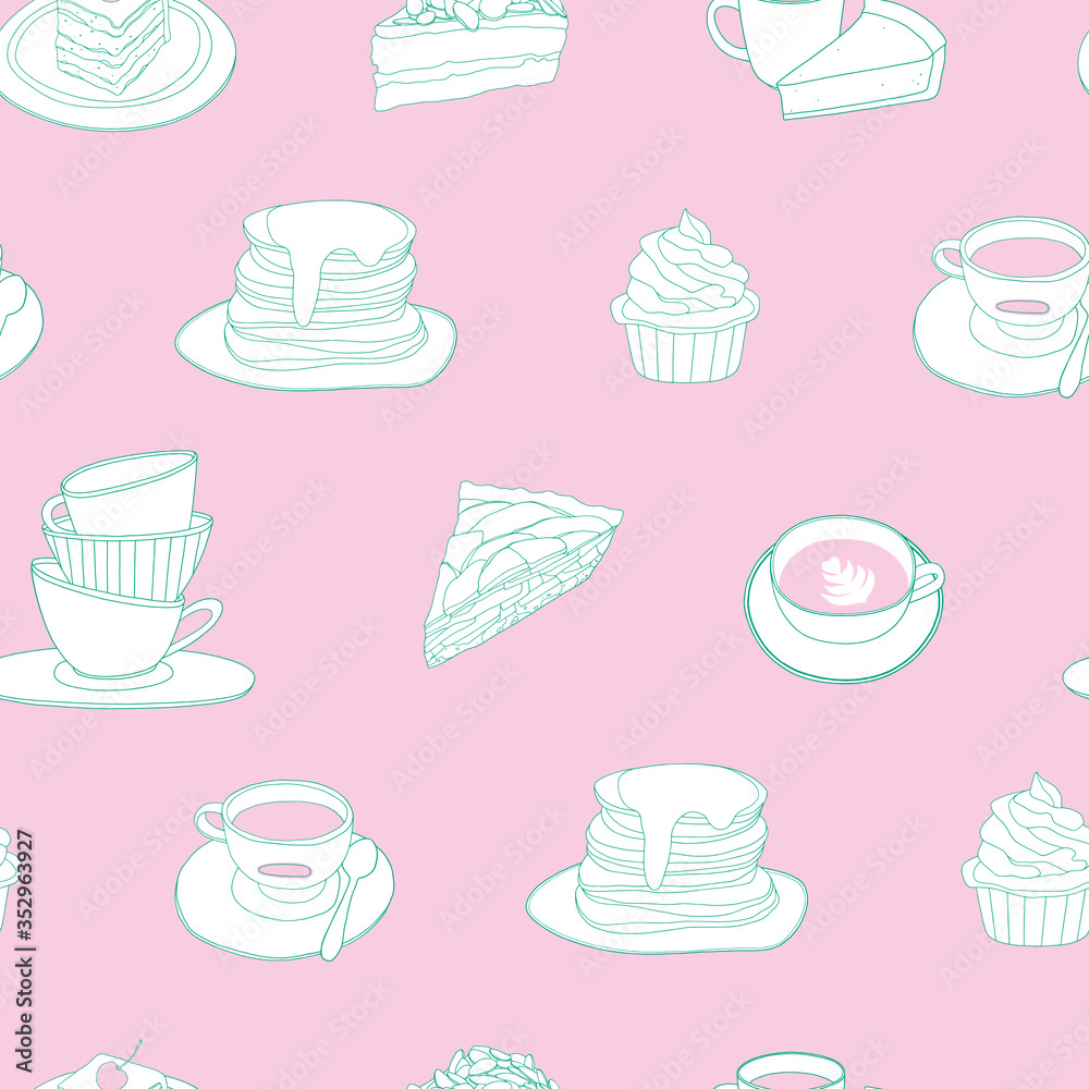 Cafe seamless pattern. Hand drawn coffee and sweets line art background. Coffee, cakes, pancakes illustrated elements. Pattern surface design for kitchen and cafe 