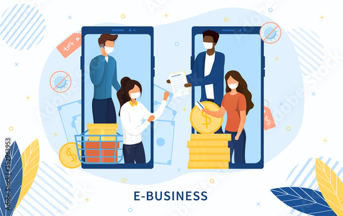 E-Business concept with online transaction between two groups of business people on mobile devices exchanging documents and money, colored vector illustration