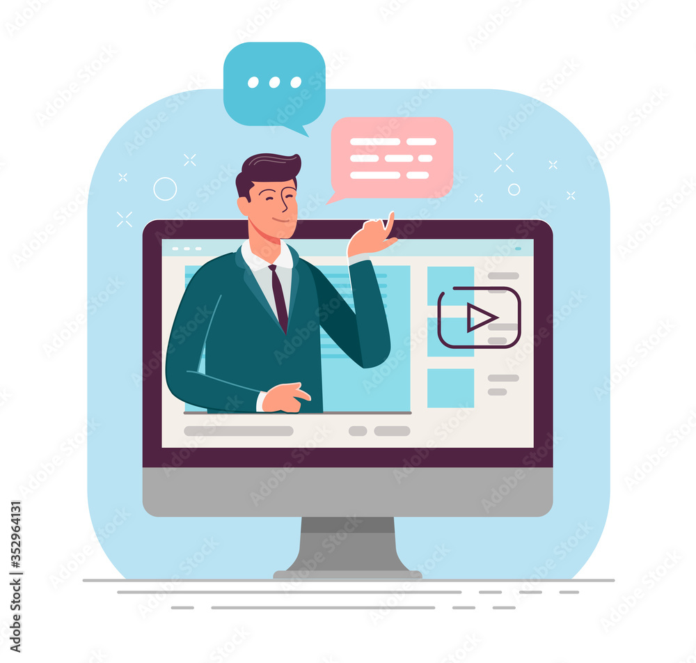 Business online, webinar.Businessman is broadcasting live from monitor screen vector illustration